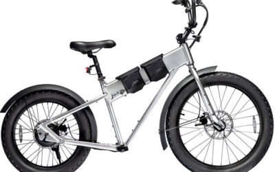 JackRabbit MG Renegade Silver electric fat-tire bike with black frame-mounted storage bags, fenders, and disc brakes.