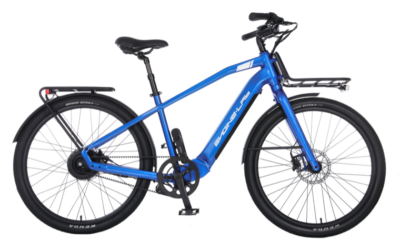 NGN E450 Bright blue electric cargo bike with front/rear racks, fenders, and belt drive.