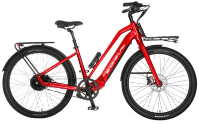 NGN E450 Step Thru Vibrant red electric commuter bicycle with front and rear racks, fenders, and belt drive.
