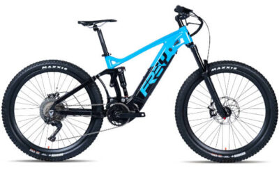 Voyager Hybrid (M600) Bright blue and black Frey electric full-suspension mountain bike with chunky tires.