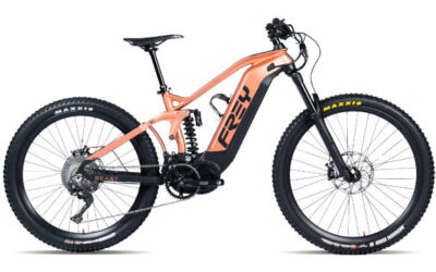 voyager ex beast Copper-orange and black FREY BEAST full-suspension electric mountain bike.