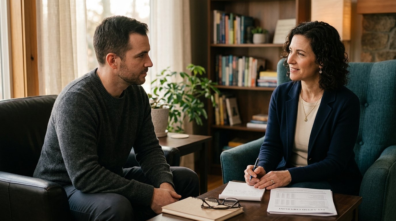 Clinician reviewing PCL-5 PTSD score interpretation chart