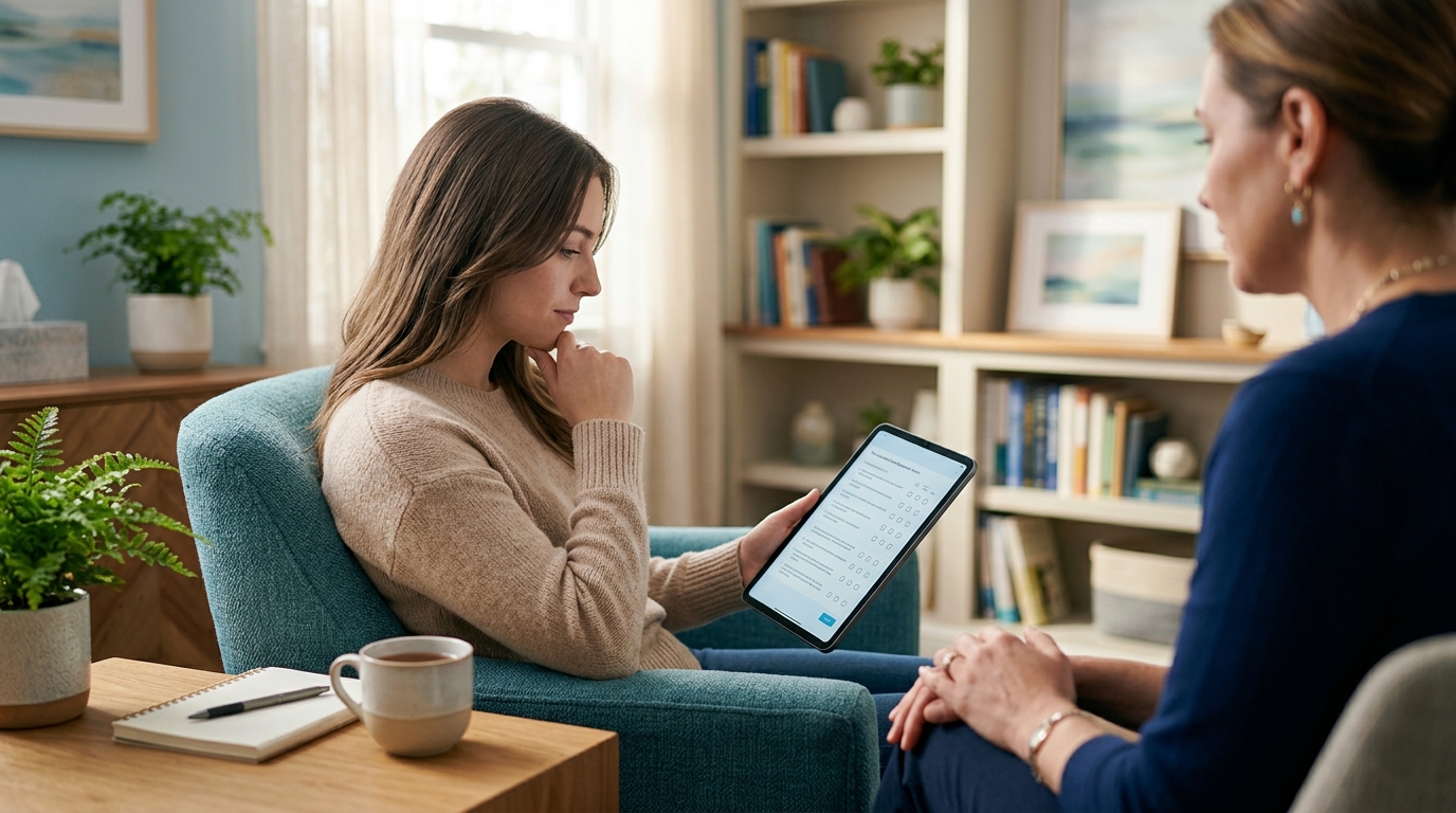 Patient completing the PHQ-9 depression questionnaire on a tablet