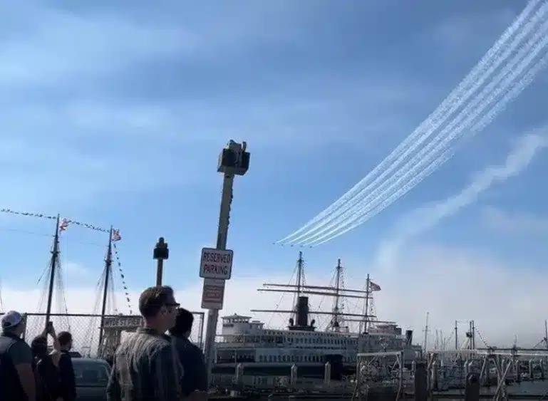 Blue Angels flying in the sky outside of Scoma's