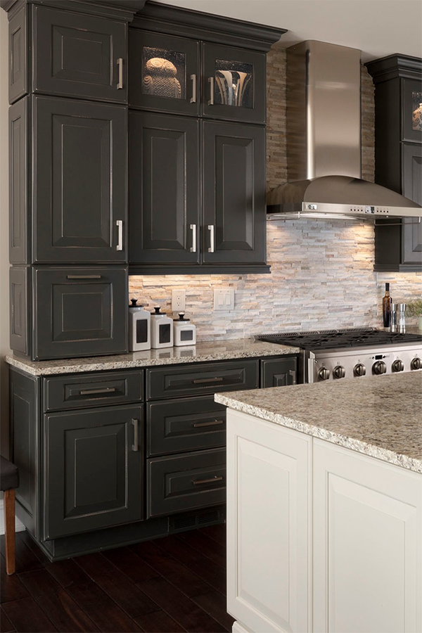 Charcoal kitchen with stone backsplash