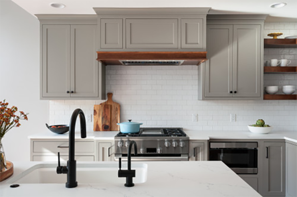 Greige kitchen with honey wood accents