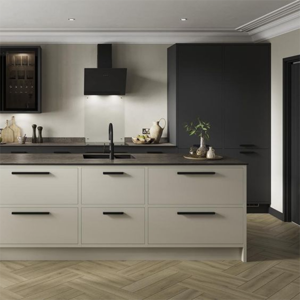 Two-toned gray kitchen with dark cabinets