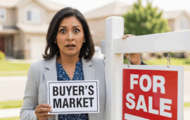 middle aged woman looking shocked holding a sign saying buyers market