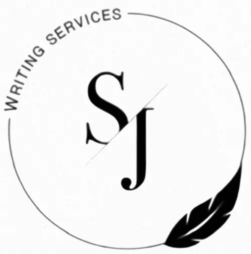 Black and white circular logo with the letters SJ in the center, the words Writing Services along the top edge, and a feather quill at the bottom right.
