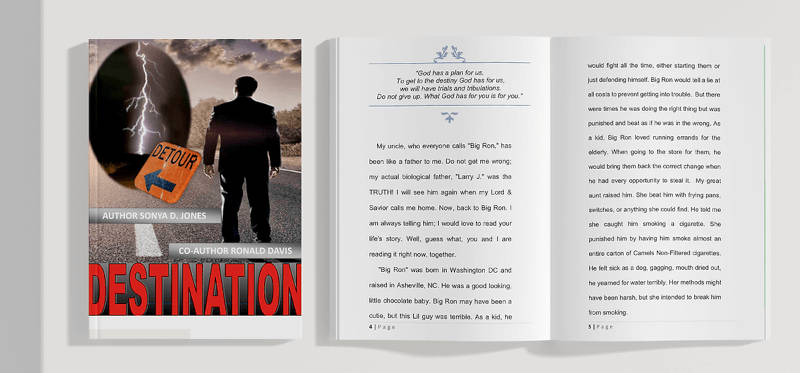 christian-book-destination-by-sonya-jones-and-ronald-davis A book titled Destination by Sonya D. Jones and Ronald Davis is shown. The cover features a silhouette of a man, a road with a Detour sign, and bold red title text. The book is open, displaying two pages of text.