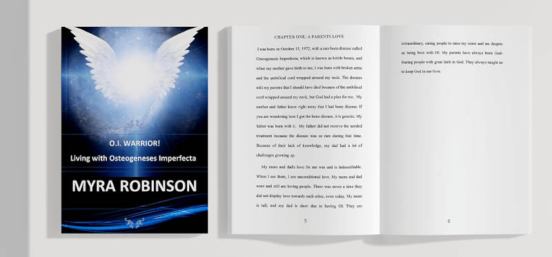 launch-out-on-gods-word-book-by-chaplain-albert-downing A book titled O.I. Warrior! Living with Osteogenesis Imperfecta by Myra Robinson, with a cover showing glowing angel wings. The book is open to chapter four, displaying text across two pages.