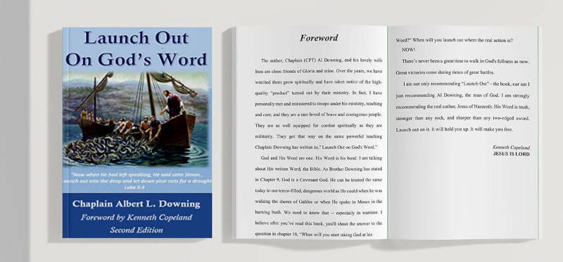 oi-warrior-book-by-myra-robinson A book titled Launch Out on Gods Word by Chaplain Albert L. Downing, with a cover image of fishermen pulling a large net of fish into their boat, is shown next to an open page displaying the foreword.