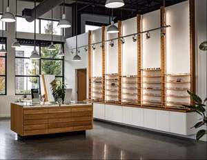 SPECTACLE - Modern Vision Care + Optical Clean, bright optical store with extensive wooden displays of glasses and a central counter.
