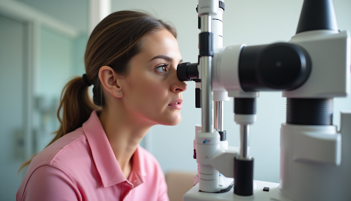 SPECTACLE - Modern Vision Care + Optical Patient looking into a phoropter machine during a comprehensive vision test at an optometry clinic.