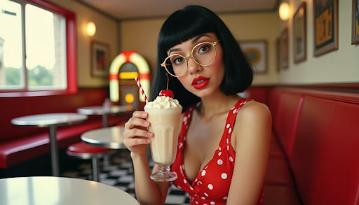 SPECTACLE - Modern Vision Care + Optical Woman with a retro 1950s look wearing a red polka-dot dress and round gold glasses holding a vanilla milkshake in a diner.