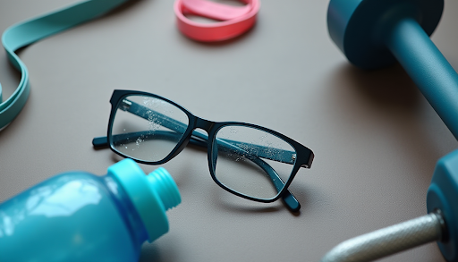 SPECTACLE - Modern Vision Care + Optical Durable black-framed eyeglasses resting on a gym floor next to a blue water bottle and dumbbells, illustrating sweat-resistant activewear glasses.