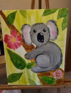 A painting of a gray koala sitting on a tree branch with green leaves and pink flowers, against a yellow and green background. - Spruced Studio Upscale Workshop