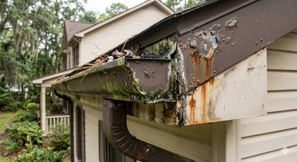 damaged_gutter_with_moss Severely rusted, algae-covered house gutters, clogged with leaves, dripping onto light siding.