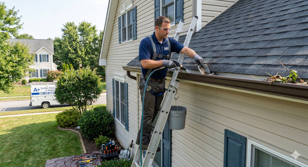 gutter_cleaning_service Worker on a ladder clearing leaves and debris from a house's clogged gutter.