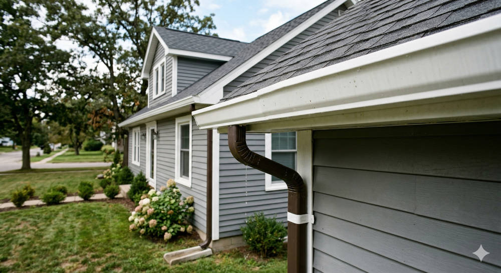 modern-gray-house-gutter Gray house with white gutters and a brown downspout dripping water onto green grass.