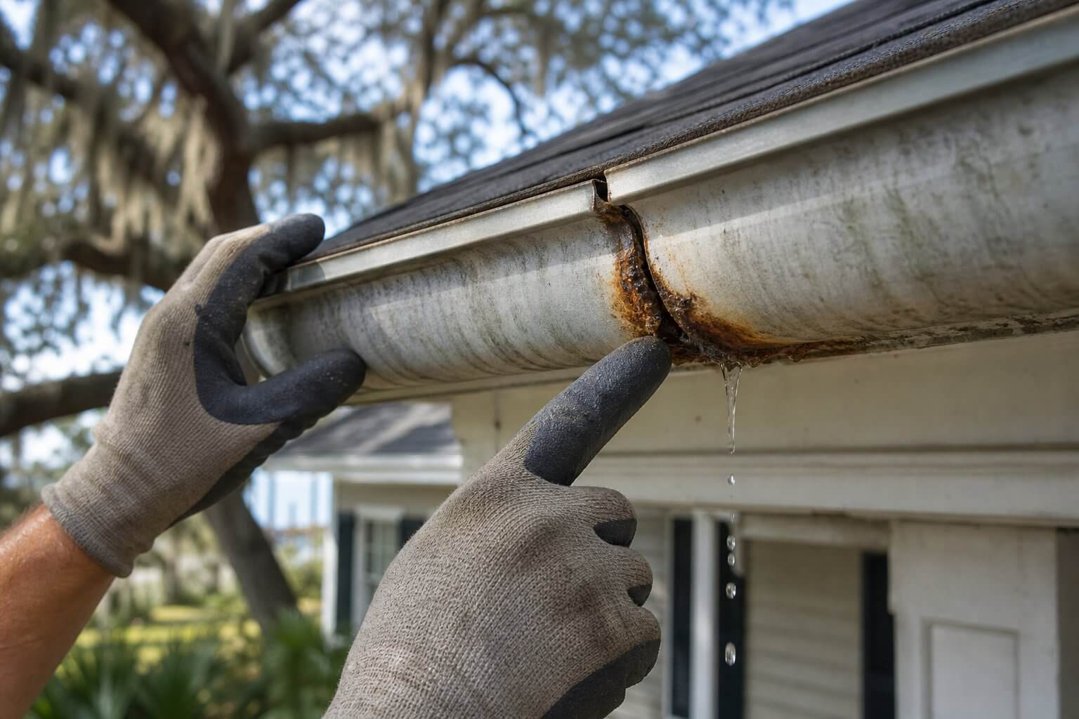 gutter-repair-vs-replacement-inspection-charleston-sc A technician inspecting a rusted, leaking seam on an old sectional gutter of a Charleston Lowcountry home, evaluating whether the gutter can be repaired or needs replacement