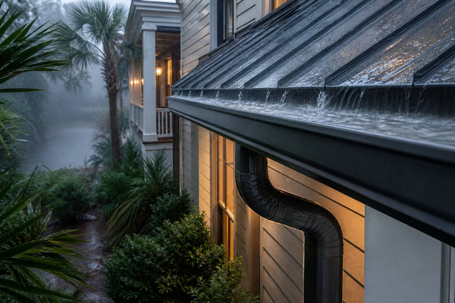lowcountry-home-6-inch-seamless-gutters-charleston-sc A heavy Lowcountry rainstorm hitting a modern Charleston home, with a seamless 6-inch aluminum gutter and downspout channeling water safely away from the brick foundation