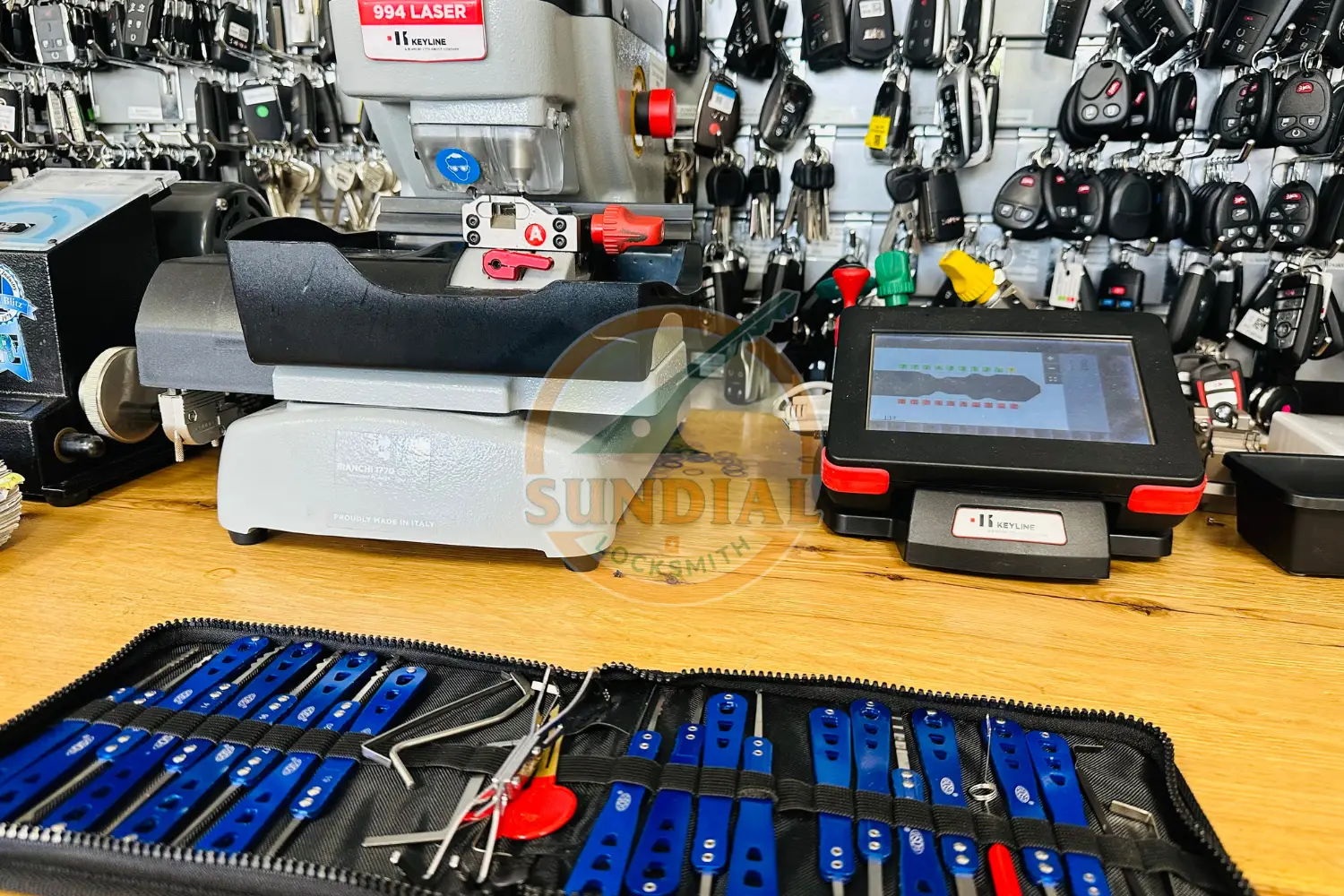 Choosing The Right Locksmith Shop A professional key cutting machine and digital programming device sit on a wooden workbench surrounded by locksmith tools, picks, and key blanks displayed on a pegboard wall.