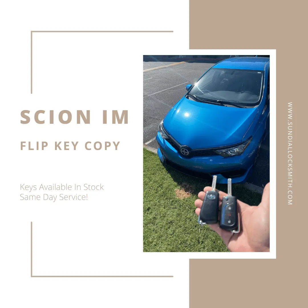 Scion iM Flip Key Replacement A hand holding a Scion iM flip key fob next to a blue Scion iM parked in a lot, demonstrating a same-day key copy service.