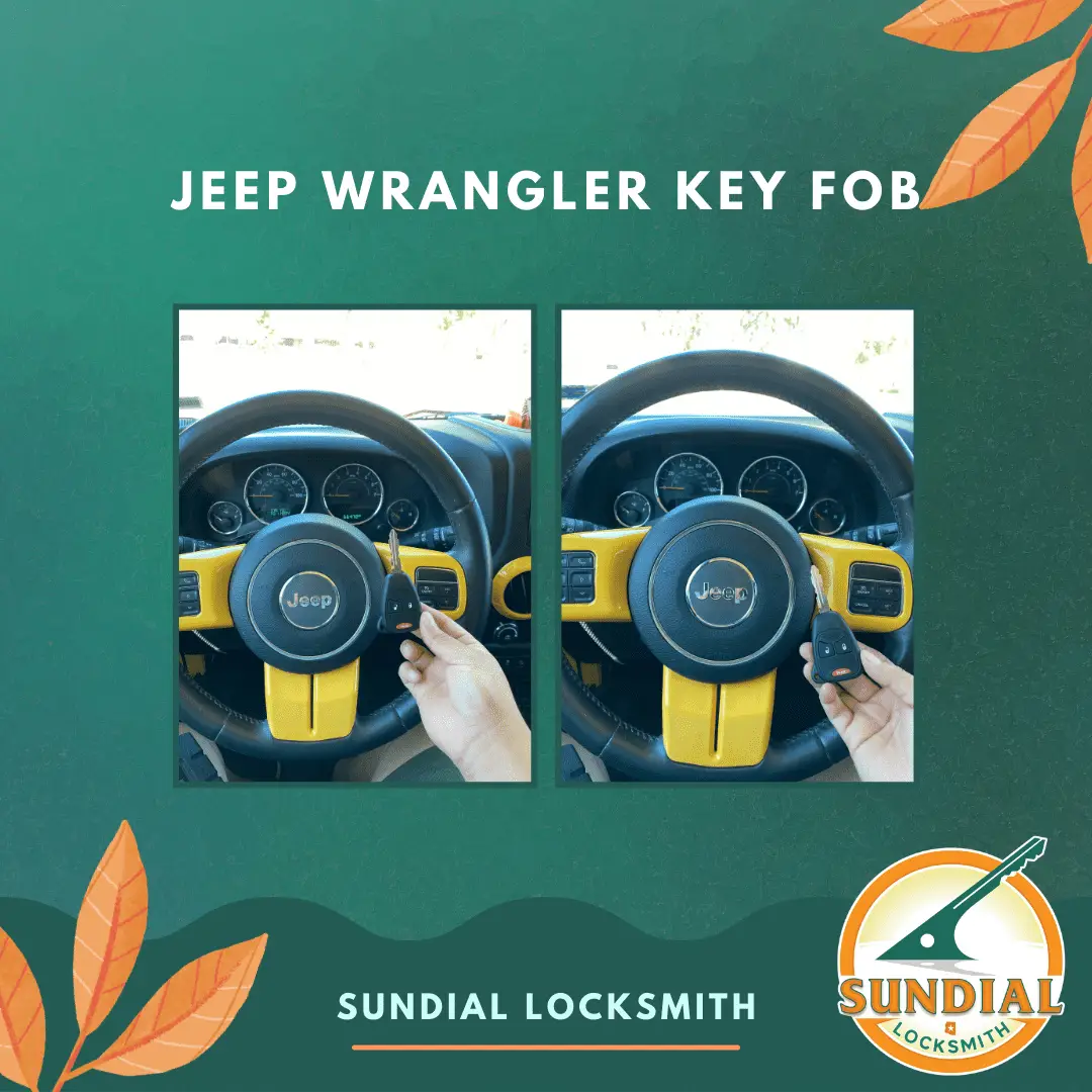 Jeep Wrangler Key Fob Replacement A person holding a key fob next to a yellow and black Jeep Wrangler steering wheel, demonstrating key fob programming.