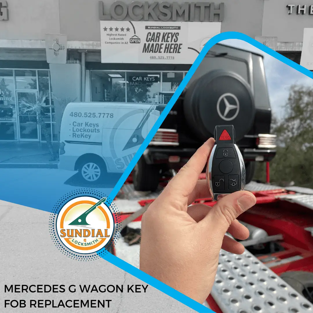 Mercedes G Wagon Key Fob Replacement A hand holding a Mercedes-Benz smart key fob in front of a Sundial Locksmith storefront with a G Wagon visible in the background.