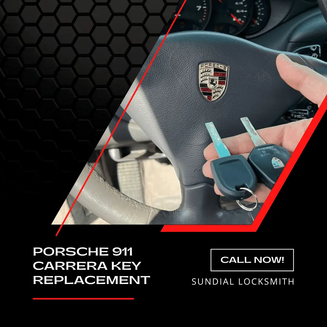 Porsche 911 Carrera Key Replacement A hand holding two Porsche 911 Carrera replacement keys inside a vehicle with the Porsche-logo steering wheel visible in the background.
