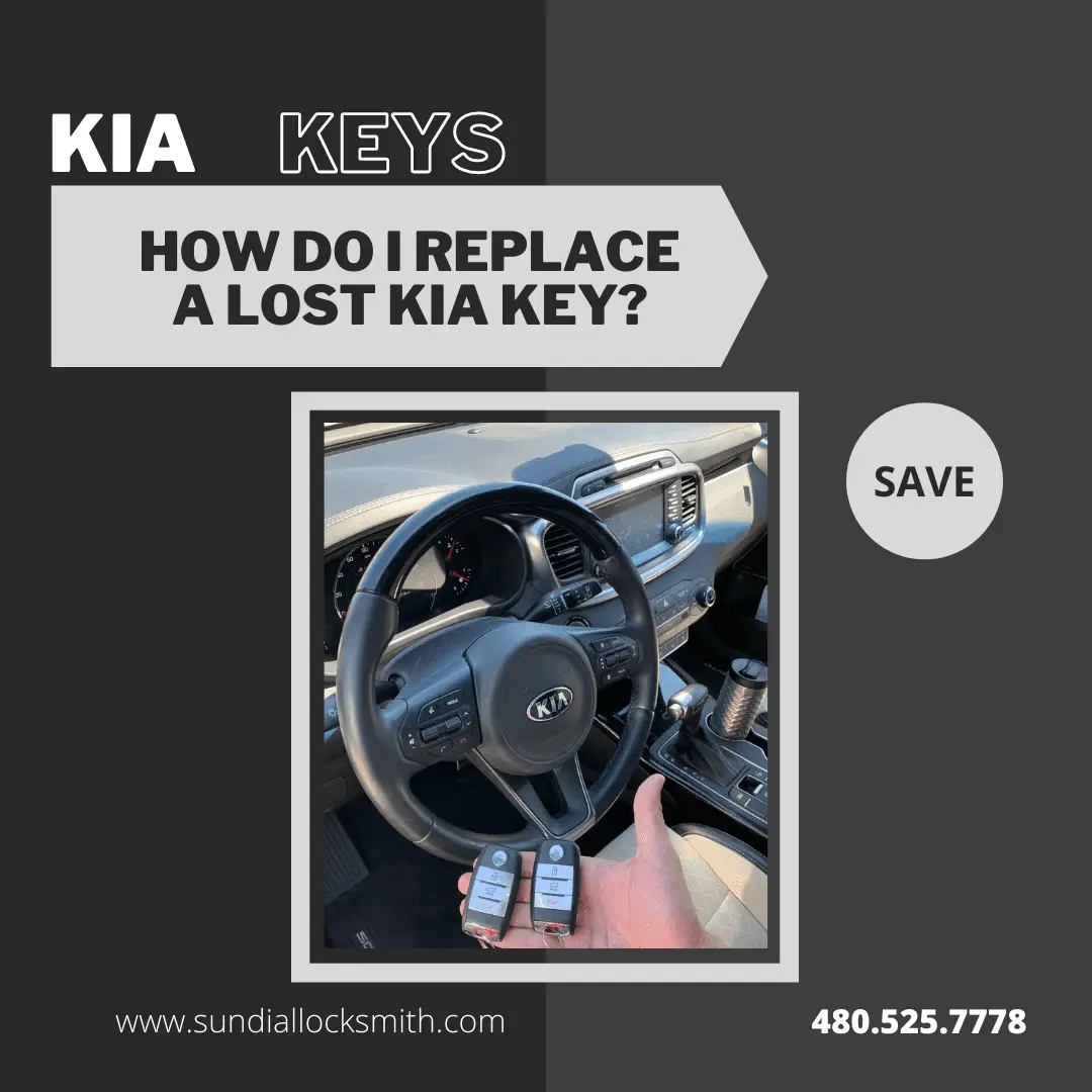Get a New Kia Transponder Key A hand holding two Kia key fobs near the steering wheel of a Kia vehicle interior, shown in a promotional graphic for Sundial Locksmith.