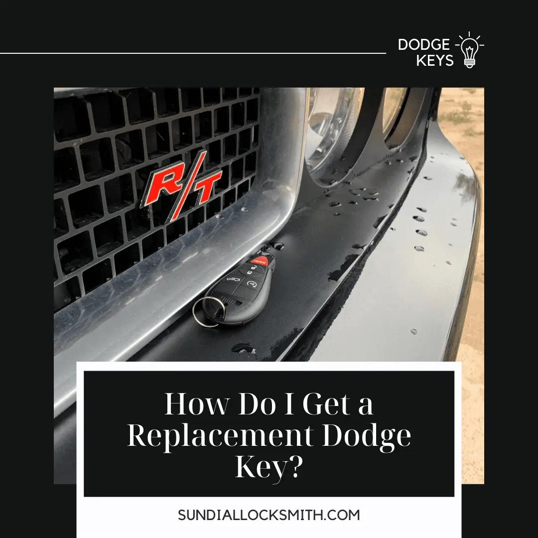 How Do I Get a Replacement Dodge Key? A Dodge R/T vehicle with a replacement car key resting on the front grille area near the hood.