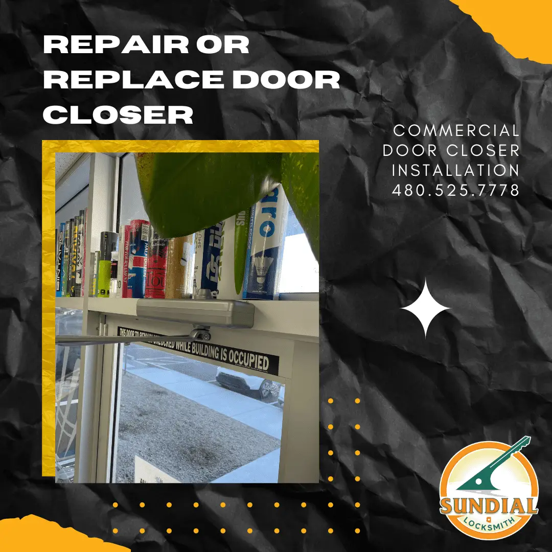 Should You Repair or Replace a Door Closer on a Commercial Door? A commercial glass door with a door closer mechanism visible at the top, showing a storefront entrance with an occupancy sign posted on the door.