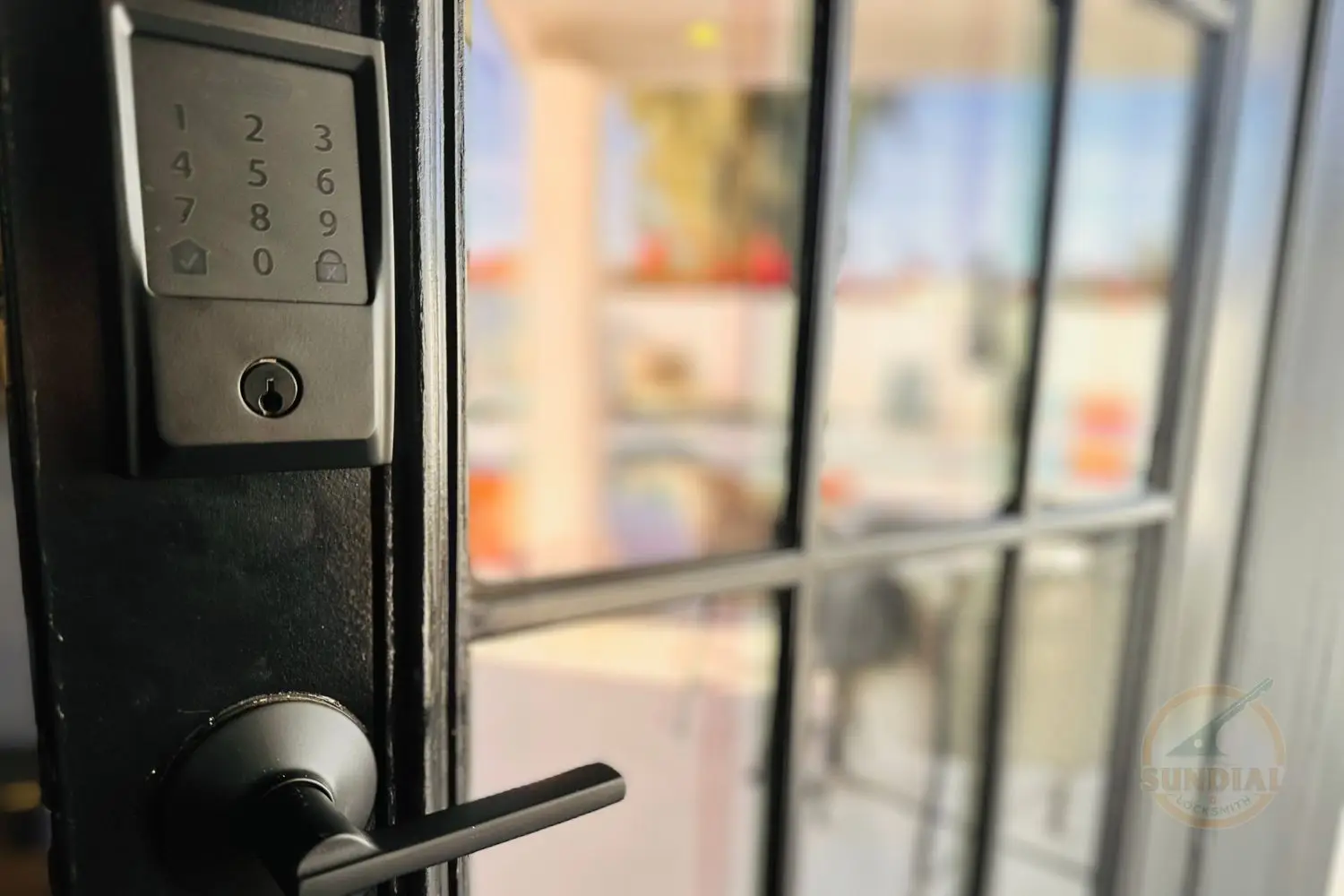 What Are the Benefits and Drawbacks of Keyless Door Locks? A modern electronic keypad smart lock installed on a dark metal door with a lever handle, photographed from a close angle with a blurred outdoor background.