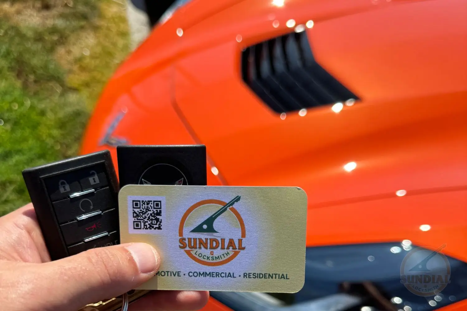 Don't Pay Dealership Prices! Affordable Solutions for Replacing Your Corvette Key. A hand holding a Sundial Locksmith business card and a black car key fob in front of an orange vehicle.