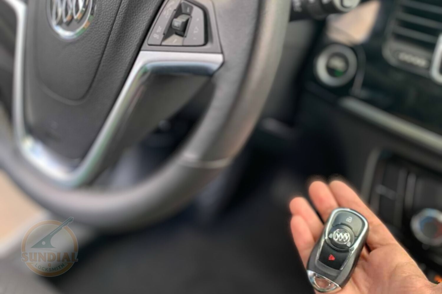 Getting a Key Made for a Vintage or Classic Car: What's Different A hand holding a Buick smart key fob inside a vehicle with the steering wheel and ignition visible in the background.