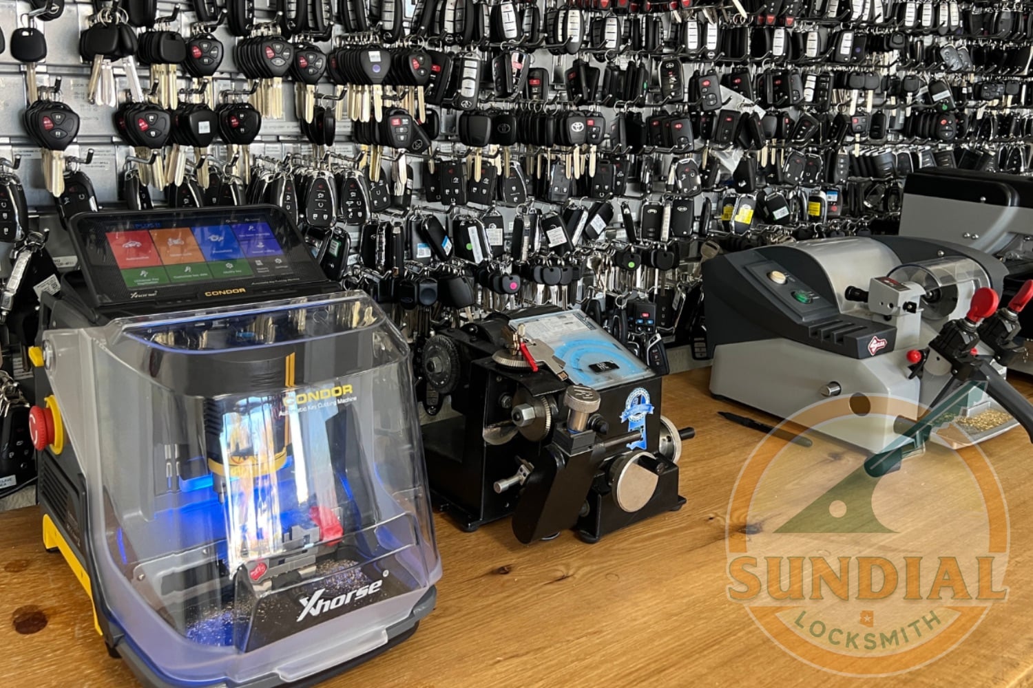 Toyota Camry Key Replacement: What to Expect and What It'll Cost A locksmith shop workbench displaying multiple key cutting machines including an Xhorse key duplicator, surrounded by walls covered with hundreds of key blanks organized on display boards.