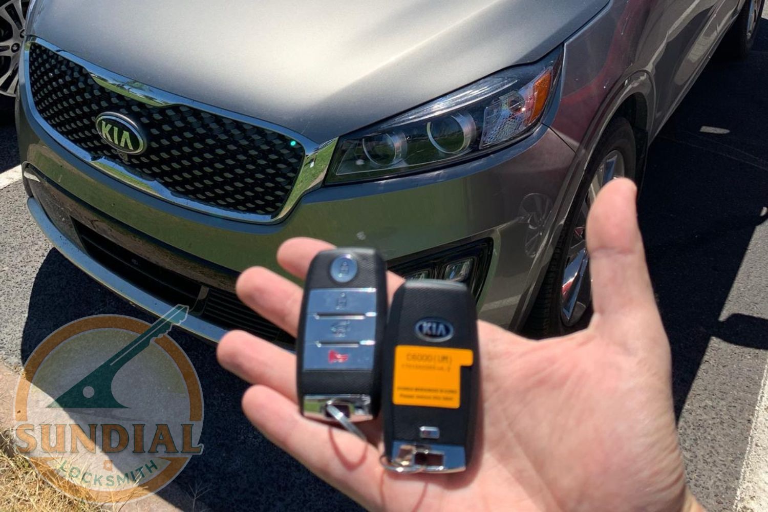 Rekeying After an Estate Sale: Why You Shouldn't Wait on This One A hand holding two Kia key fobs in front of a green Kia SUV in a parking lot.