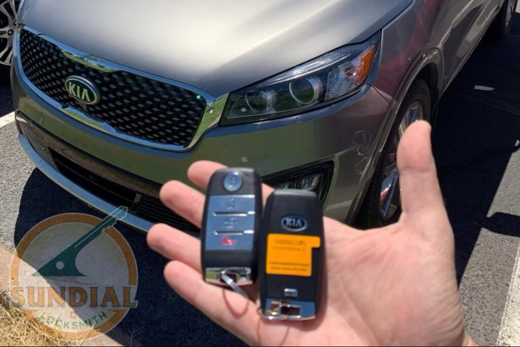 How Much Does a New Car Key Actually Cost Without a Spare? A hand holding two Kia key fobs in front of a green Kia SUV in a parking lot.