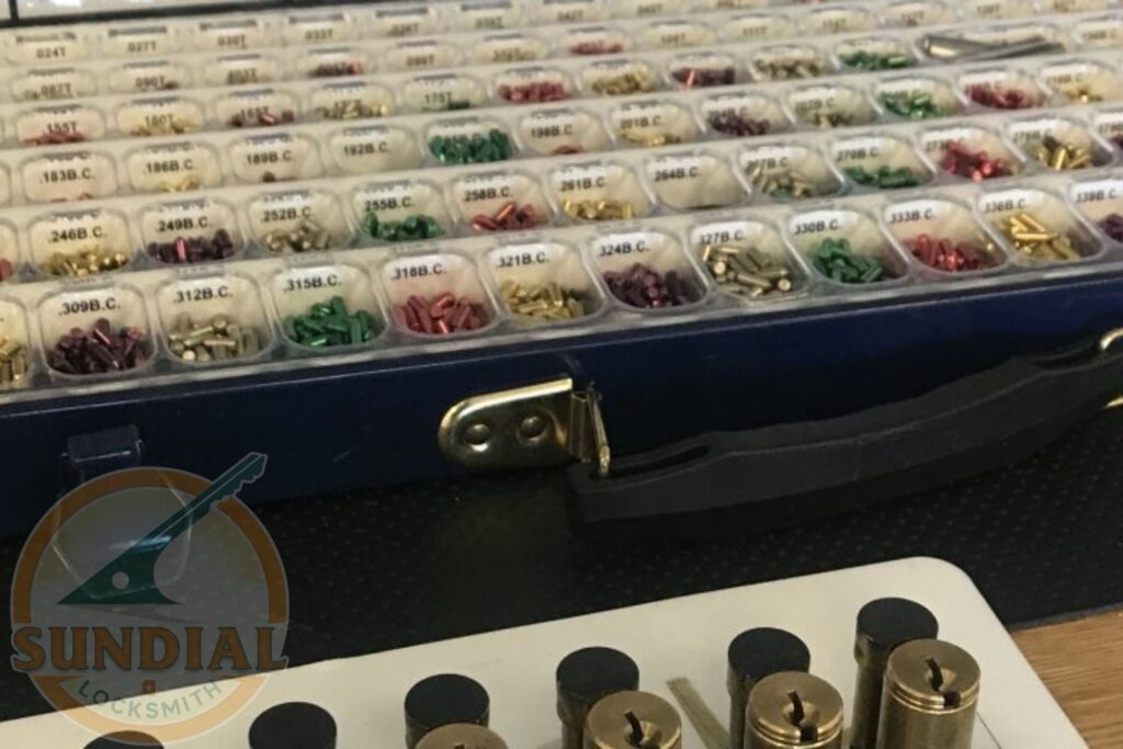 Rekeying a Commercial Building: What's Involved When You Have Dozens of Locks A professional locksmith's organized carrying case filled with rows of colorful assorted key pins and rekeying components, with brass lock cylinders displayed in the foreground.