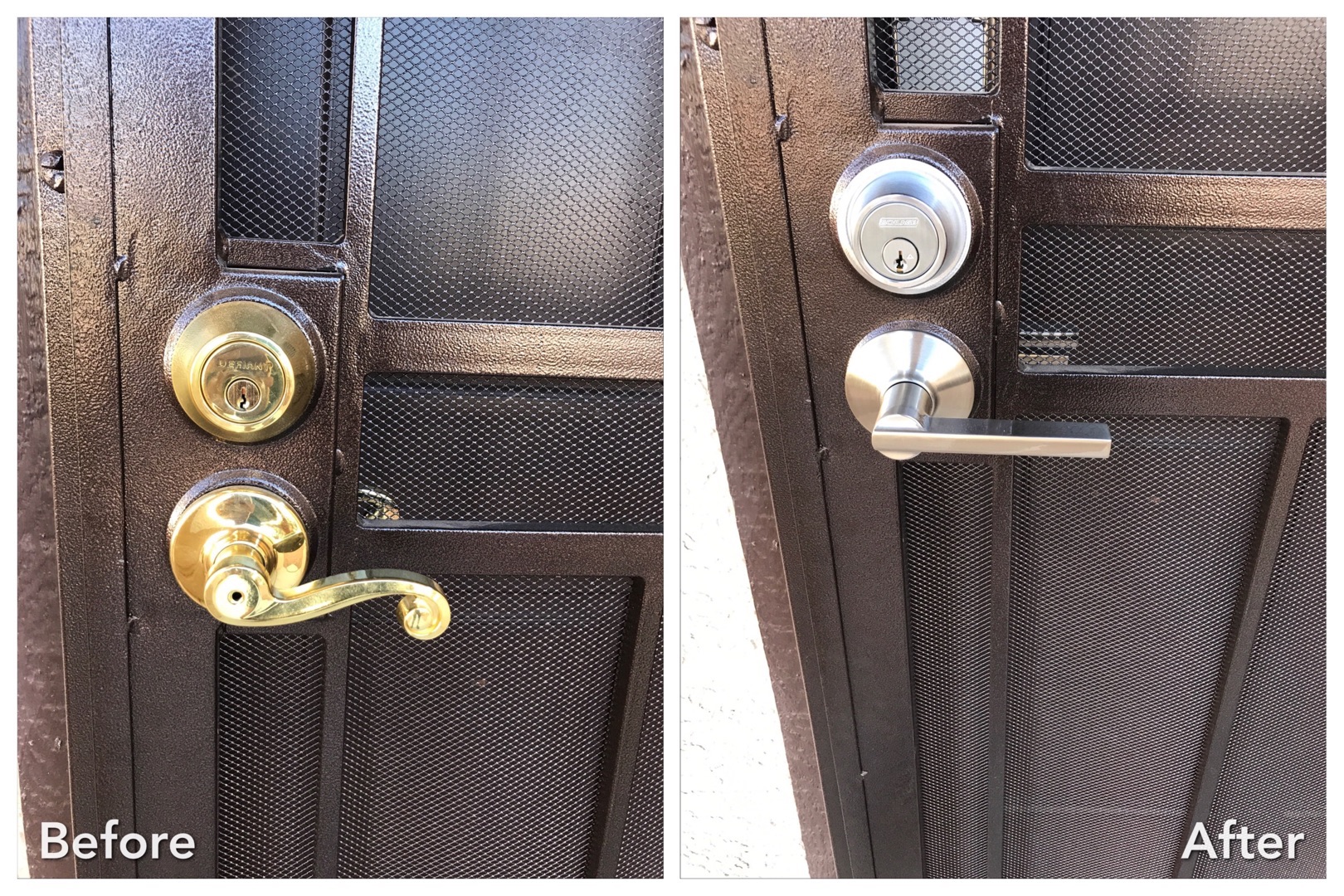 Steps to Take Right After Someone Tries to Break Into Your Home A before and after comparison showing an old brass door knob and lever handle replaced with a new brushed nickel deadbolt and lever lock set on a dark metal security screen door.