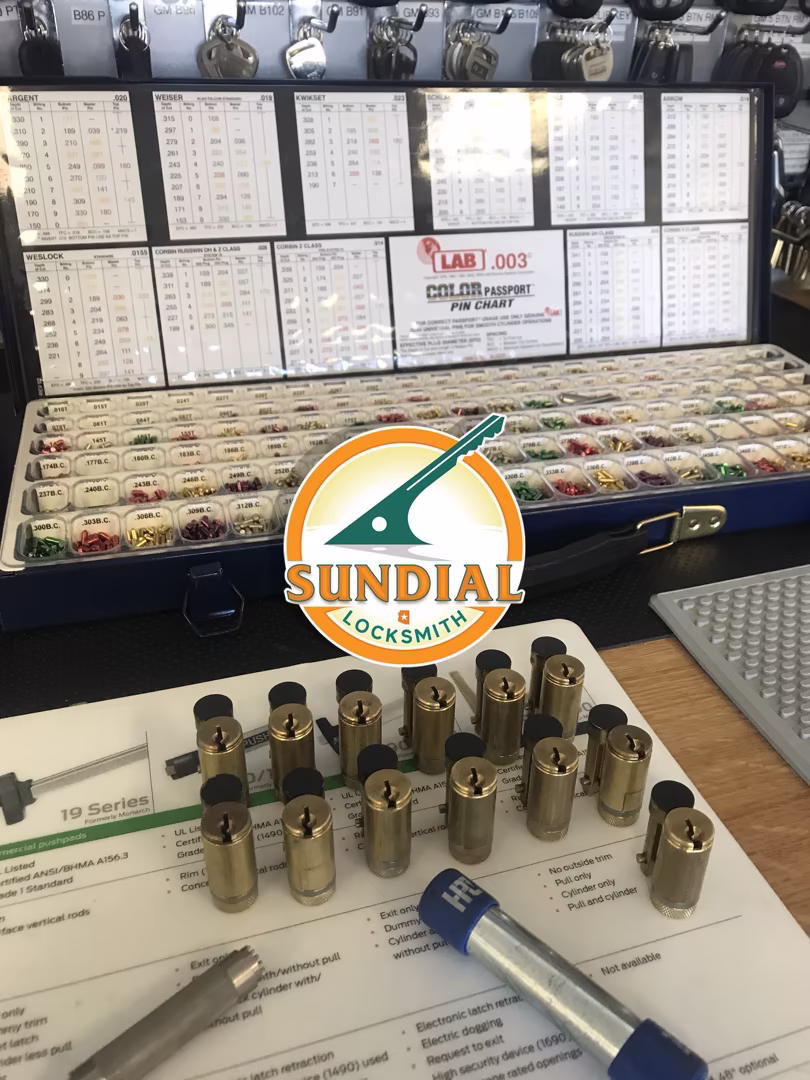 How Often Should You Actually Rekey Your Locks? A locksmith's rekeying kit displayed on a workbench, featuring a blue case filled with color-coded key pins, several brass lock cylinders, and a Sundial Locksmith branded logo overlay.