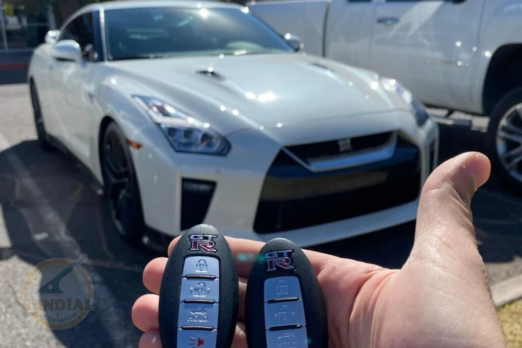 Restricted Keys Explained: How They Stop Unauthorized Copies A hand holding two Nissan GT-R smart key fobs in front of a white Nissan GT-R parked in a lot.