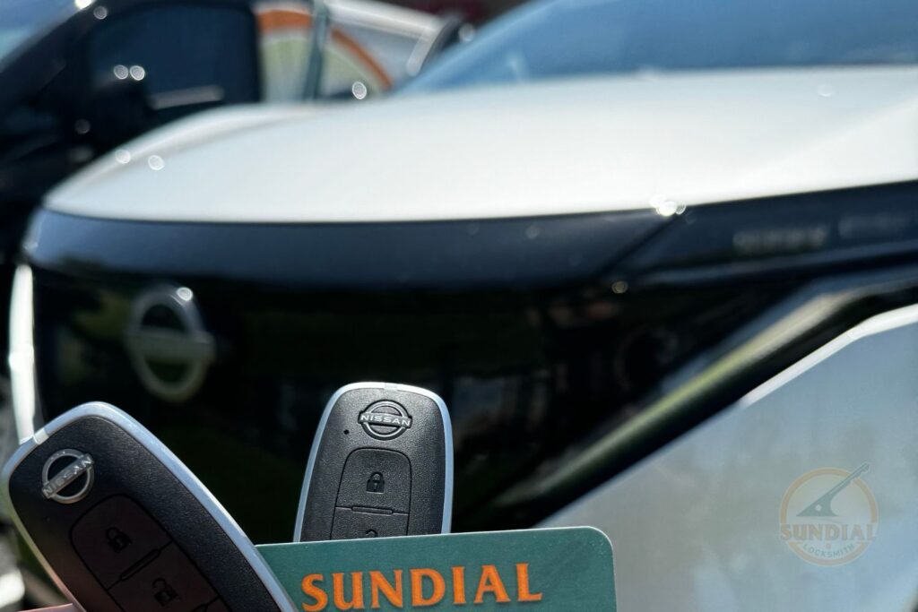 When Commercial Locks Should Be Replaced — Not Just Rekeyed A Nissan flip key fob held in front of a Nissan vehicle with a Sundial Locksmith branded card visible in the foreground.