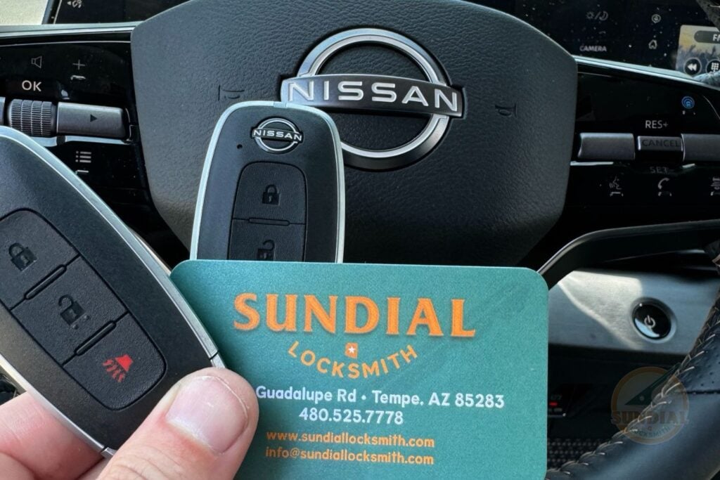 When Commercial Locks Should Be Replaced — Not Just Rekeyed A hand holding a new Nissan smart key fob and a Sundial Locksmith business card in front of a Nissan vehicle steering wheel.