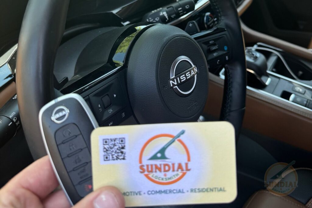 OEM Car Key Replacement: When It Matters and When It Doesn't A hand holding a Nissan flip key fob and a Sundial Locksmith business card inside a Nissan vehicle with the steering wheel visible in the background.