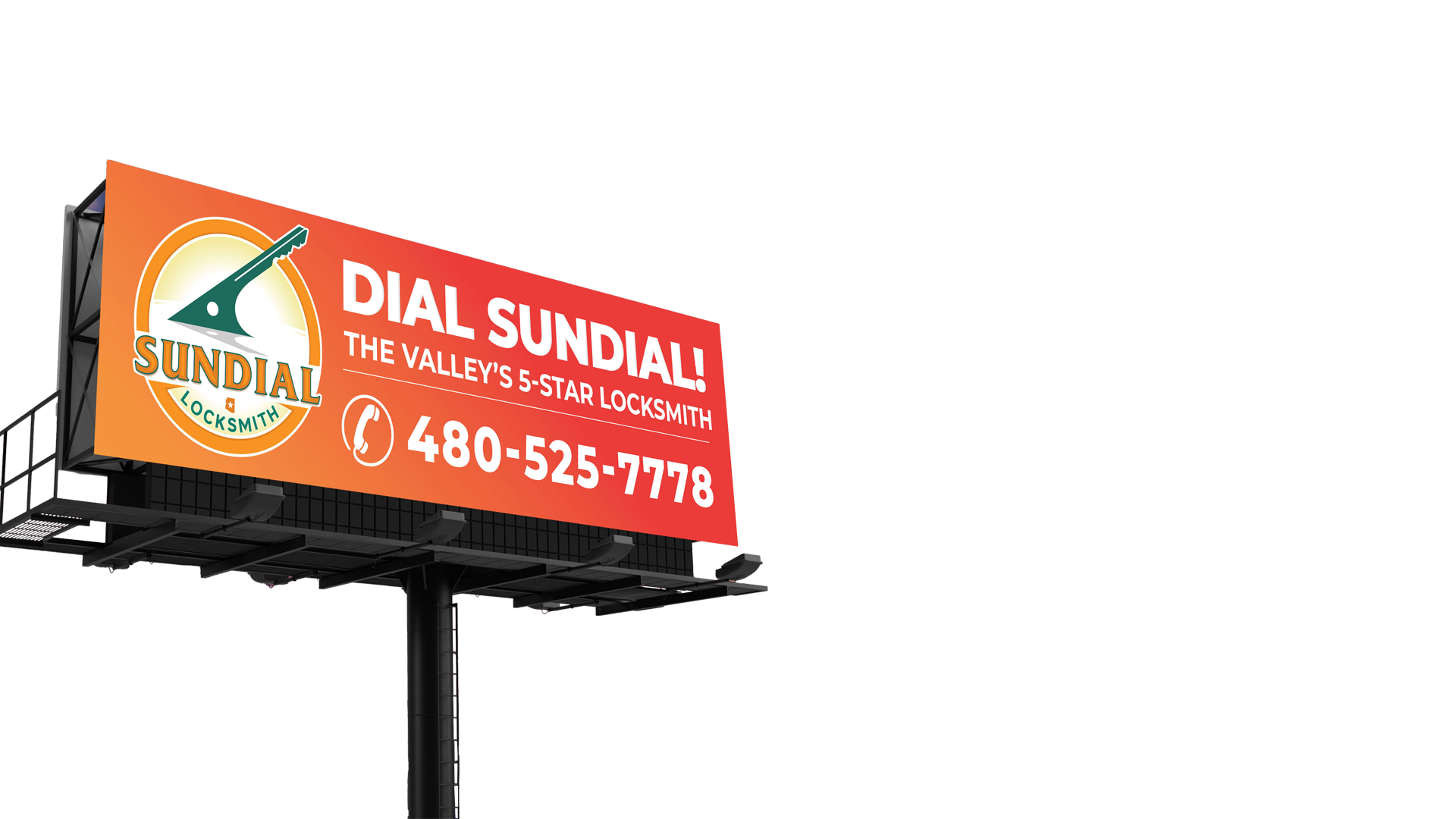 Laser-Cut Car Keys: Why Your New Car Needs a Specialist to Replace Them A large outdoor billboard advertising Sundial Locksmith with an orange background displaying the text 'Dial Sundial! The Valley's 5-Star Locksmith' and phone number 480-525-7778.
