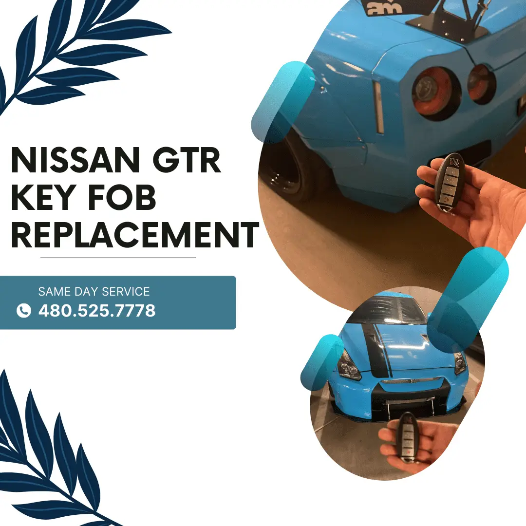 How to Replace a Lost Key for a Nissan GTR A technician holds a replacement key fob next to a blue Nissan GTR sports car model during a key fob replacement service.