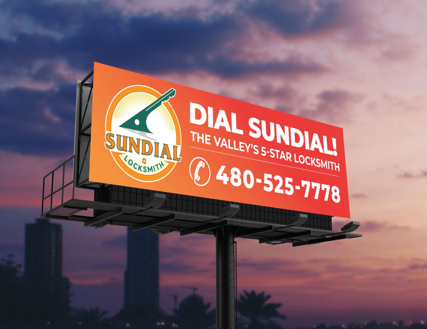 Storm Door Lock Installation: What to Know Before You Buy the Hardware A bright orange billboard against a purple dusk sky advertising Sundial Locksmith with the phone number 480-525-7778 and the tagline 'The Valley's 5-Star Locksmith'.